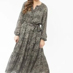 Billie The Label Admiration Khaki Leopard LS Tie Waist Midi Dress Fashion