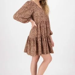 Ivy + Jack Elsa Peach Leopard Satin V Neck Mid Sleeve Smock Dress Fashion