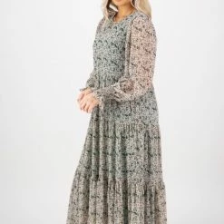 Ivy + Jack Effortless Emerald Leaf Blouson LS Maxi Tiered Dress Fashion