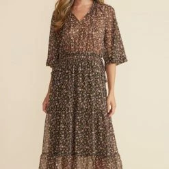 Mink Pink Amaya Brown Multi Mid Sleeve Midi Dress Fashion