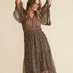 Mink Pink Amaya Brown Multi Mid Sleeve Midi Dress Fashion
