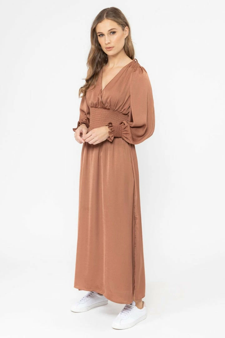 Billie The Label Skilful Rust Satin Shirred Waist LS Maxi Dress
