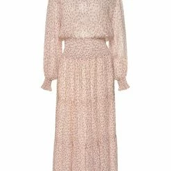 Ivy + Jack Fashion Charlie Natural Floral Crinkle LS Frill V Neck Tiered Midi Dress