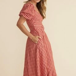 Mink Pink Cora Red Check Puff Sleeve Midi Dress