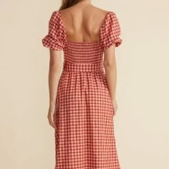 Mink Pink Cora Red Check Puff Sleeve Midi Dress