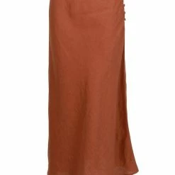 Among The Brave Fashion Utopia Spice Bias Linen Midi Skirt With Self Buttons