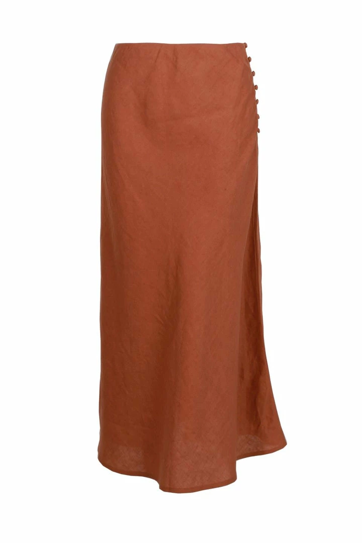 Among The Brave Fashion Utopia Spice Bias Linen Midi Skirt With Self Buttons