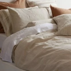 Home Lab 100% French Linen Duvet Cover Set Super King Natural Oatmeal Cushion, Throws & Linen