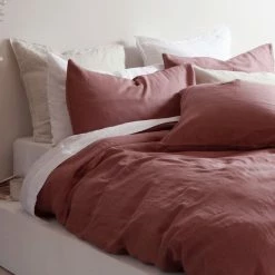 Home Lab 100% French Linen Duvet Cover Set King Chestnut Dusky Rose Cushion, Throws & Linen