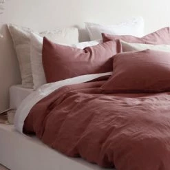 Home Lab 100% French Linen Duvet Cover Set Super King Chestnut Dusky Rose