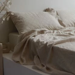 Home Lab 100% French Linen Sheet Set King Natural Oatmeal Cushion, Throws & Linen