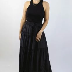 Among The Brave Fashion Sensational Black Tiered Satin Tie Waist Maxi Skirt