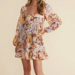 Mink Pink Serena Tan Autumn Print LS Mini Dress Fashion