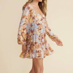 Mink Pink Serena Tan Autumn Print LS Mini Dress Fashion