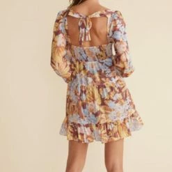 Mink Pink Serena Tan Autumn Print LS Mini Dress Fashion