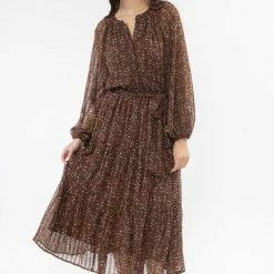 Billie The Label Vivacious Brown Floral Mid Sleeve V Neck Tiered Midi Dress