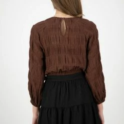Ivy + Jack Carly Cocoa Shirred Cotton LS Raglan Elastic Hem Crop Top