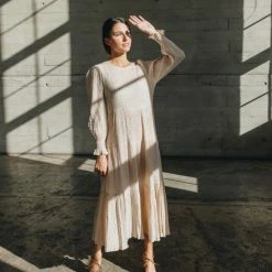 Ivy + Jack Effortless Ecru Shirred Blouson LS Maxi Tiered Dress