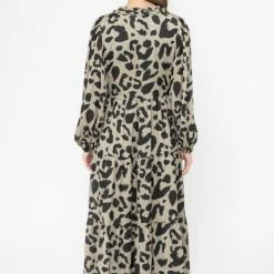 Seeking Lola Composed Khaki Leopard Mid Sleeve Frill V Neck Tiered Midi Dress