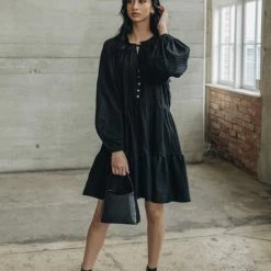 Among The Brave Fashion Zodiac Black Linen LS Pin Tuck Balloon Sleeve Tiered Mini Dress