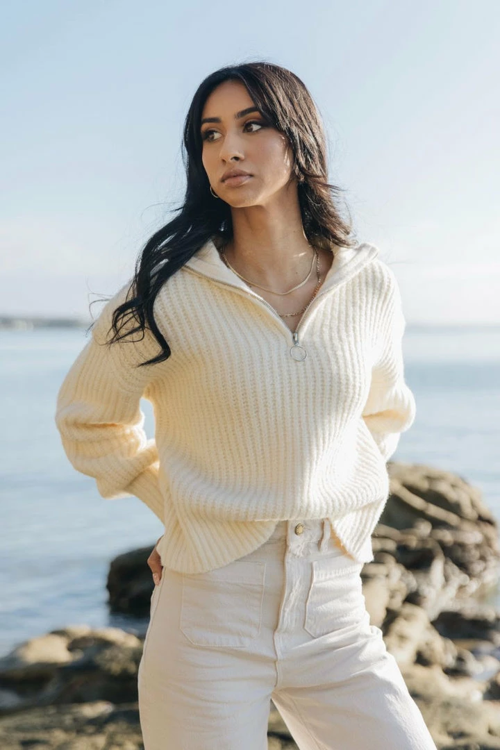 Among The Brave About Town Cream Chunky Zip Front Sweater Fashion