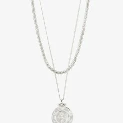 Pilgrim Nomad Double Chain Coin Pendant Necklace Silver