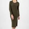 Ivy + Jack Fashion Dynamic Khaki Marle LS Rib Knit Crew Neck Midi Dress