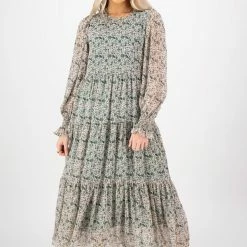 Ivy + Jack Effortless Emerald Leaf Blouson LS Maxi Tiered Dress Fashion