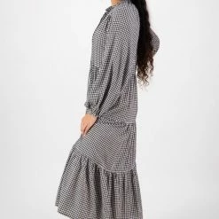 Among The Brave Aida Black Gingham LS Puff Sleeve Button Front Tiered Maxi Dress