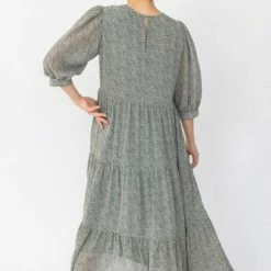 Among The Brave Lucid Khaki Ditsy Print Puff Sleeve Tiered Maxi Dress