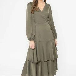 Seeking Lola Paradise Khaki Satin LS Wrap Dress