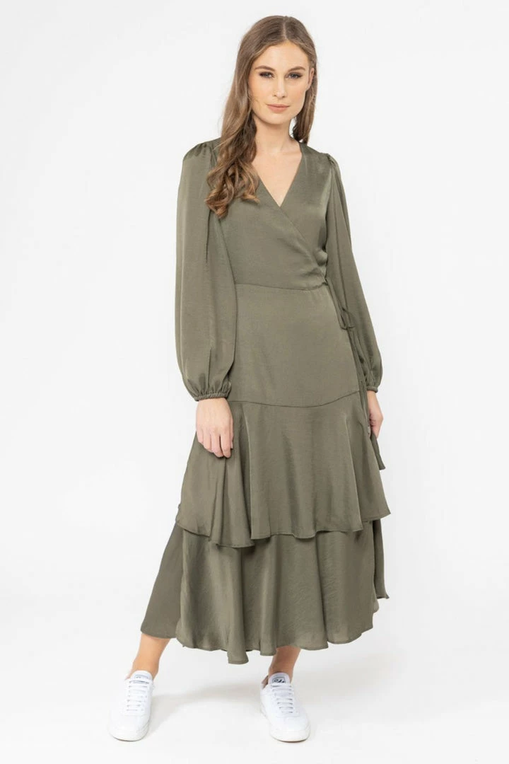 Seeking Lola Paradise Khaki Satin LS Wrap Dress