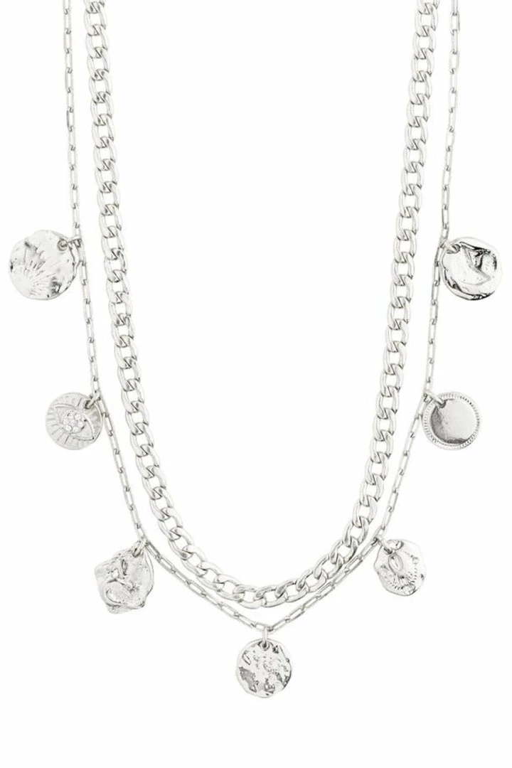Pilgrim Poesy Double Chain Thick And Thin With Circle Pendants Silver Necklace