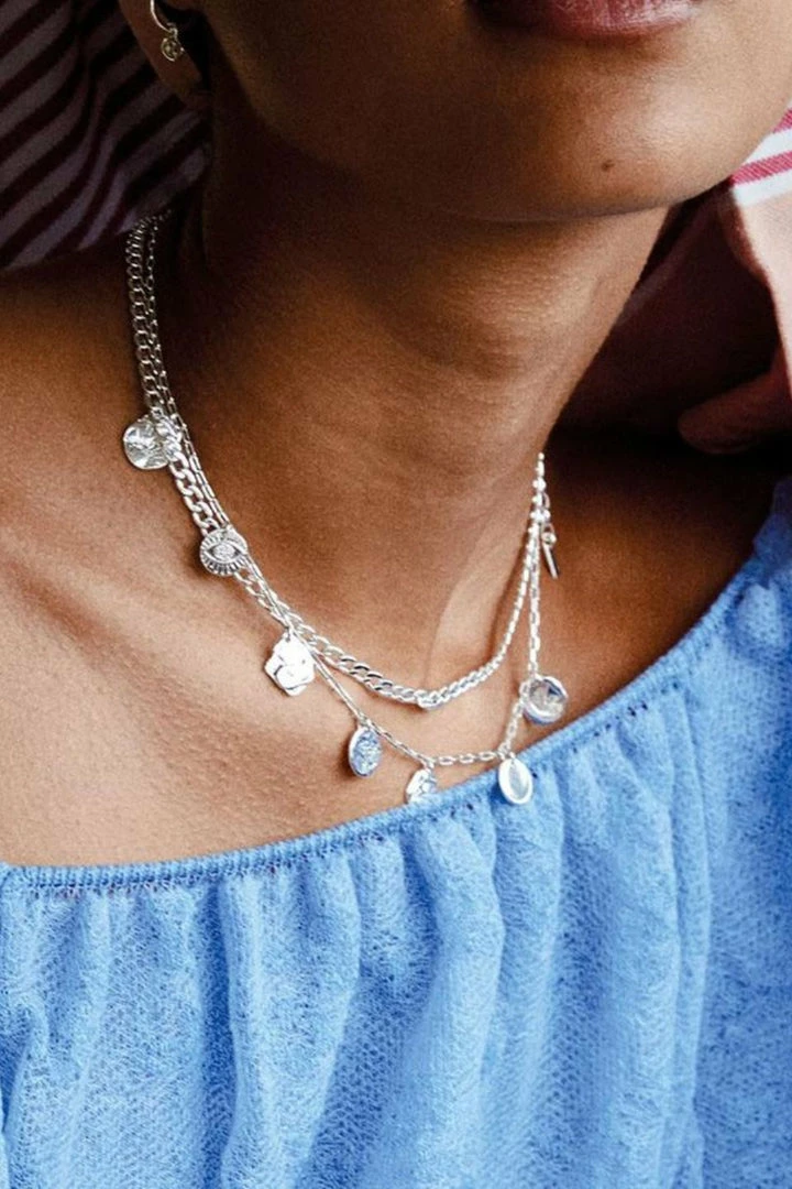 Pilgrim Poesy Double Chain Thick And Thin With Circle Pendants Silver Necklace