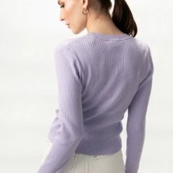Among The Brave Fashion Inspired Lilac LS Rib Knit Cropped Crew Neck Top
