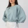 Among The Brave Fashion Billie Sea Foam Slouchy Crop Balloon Sleeve Tie Hem Knit