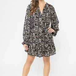 Seeking Lola Inspire Black Floral LS Frill Hem Shift Dress