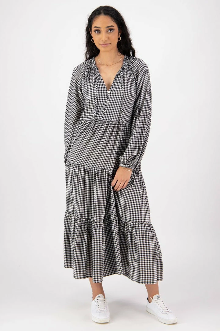 Among The Brave Aida Black Gingham LS Puff Sleeve Button Front Tiered Maxi Dress