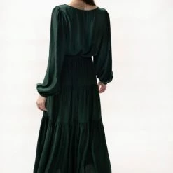 Among The Brave Twilight Forest LS Tiered Satin Maxi Dress Fashion