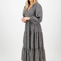 Ivy + Jack Fashion Kendall Black Check Blouson LS V Neck Tiered Midi Dress