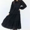 Ivy + Jack Fashion Gigi Black Shirred Cotton Blouson LS Tiered Maxi Dress