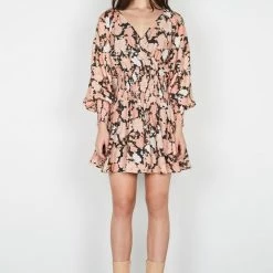 Esmaee Romantica Blush Floral V Neck LS Shirred Waist Mini Dress Fashion