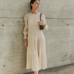 Ivy + Jack Effortless Ecru Shirred Blouson LS Maxi Tiered Dress