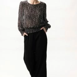 Among The Brave Pure Black Ditsy Fleck Puff Sleeve Shirred Blouse