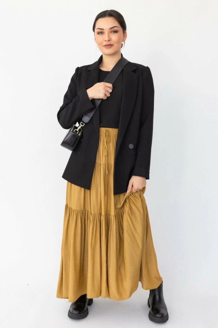 Among The Brave Sensational Gold Tiered Satin Tie Waist Maxi Skirt Fashion