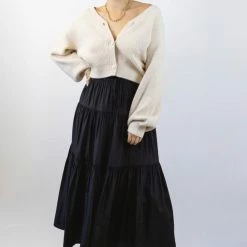 Among The Brave Fashion Sensational Black Tiered Satin Tie Waist Maxi Skirt