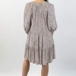 Among The Brave Gemini Chocolate Ditsy Animal Puff Mid Sleeve Button Front Tiered Mini Dress Fashion