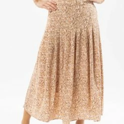 Leila + Luca Courageous Nude Floral Pleated Midi Skirt