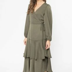 Seeking Lola Paradise Khaki Satin LS Wrap Dress