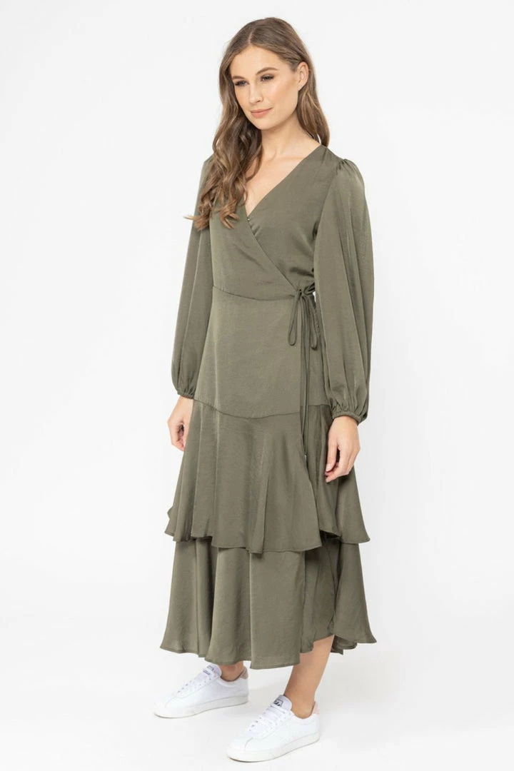 Seeking Lola Paradise Khaki Satin LS Wrap Dress
